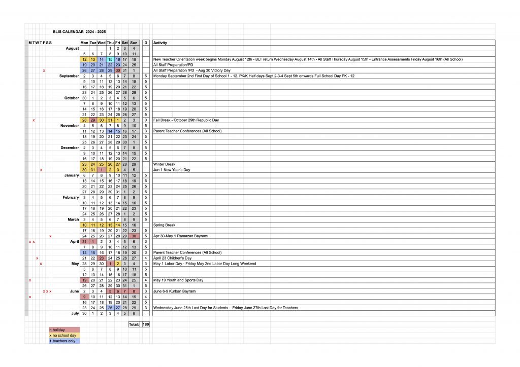 Calendar BLISBilkent Laboratory&International School